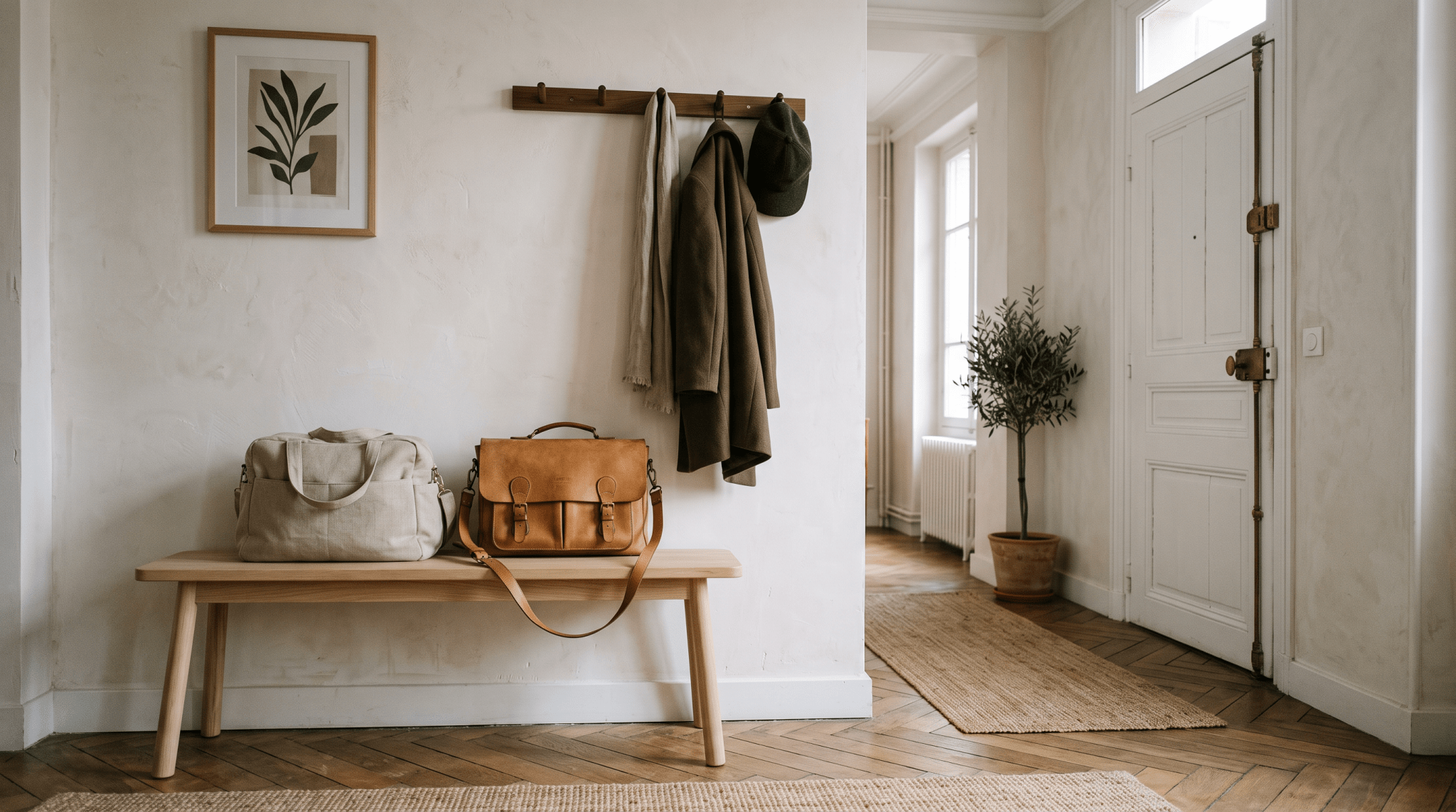 Entrée d'appartement avec sac à langer et sacoche d'ordinateur posés sur un banc en bois, illustration Treelys® sur la reprise du travail après le congé