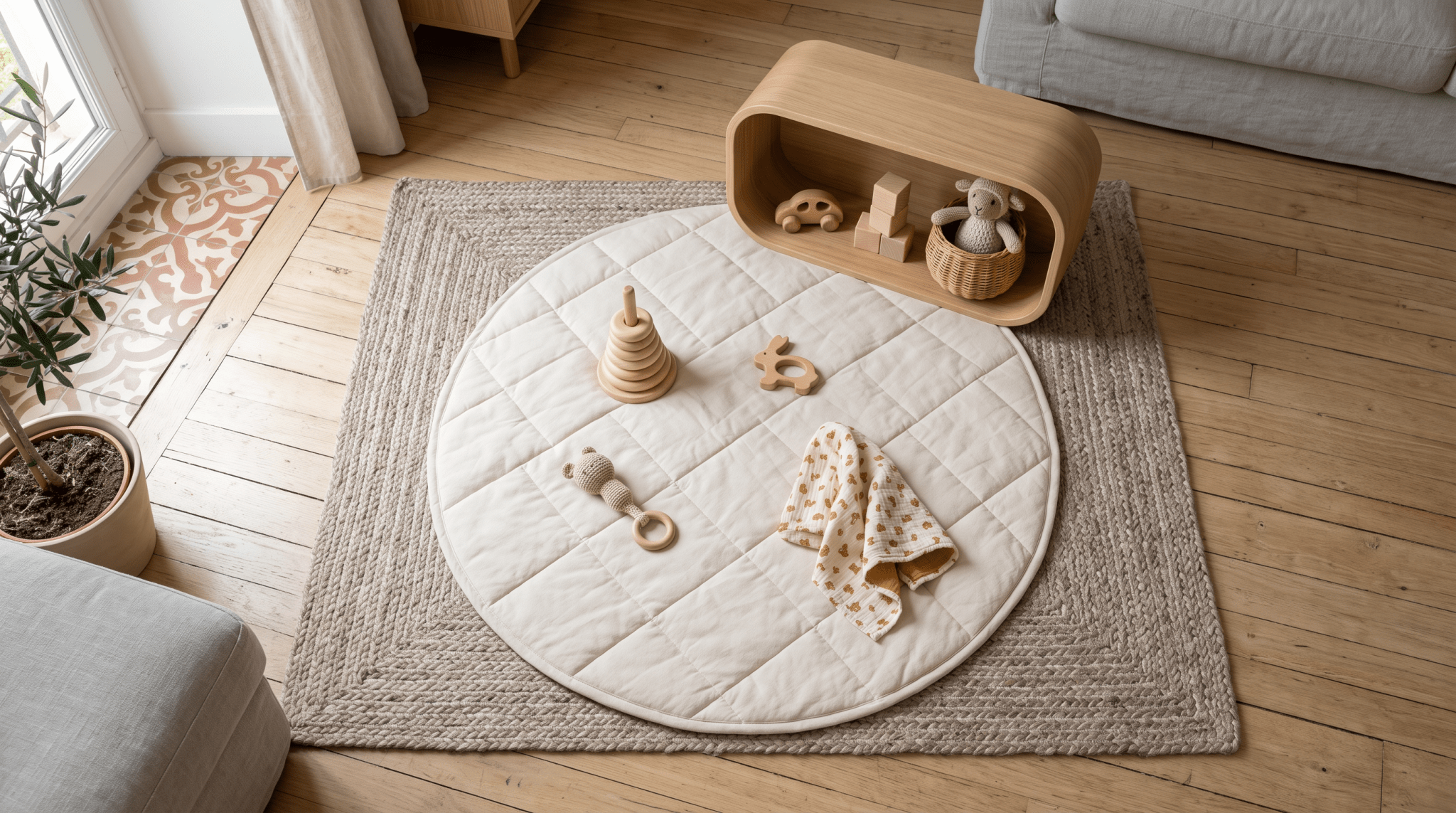 Espace de jeu sécurisé de bébé vu du dessus — sécuriser la maison pour bébé, Treelys®