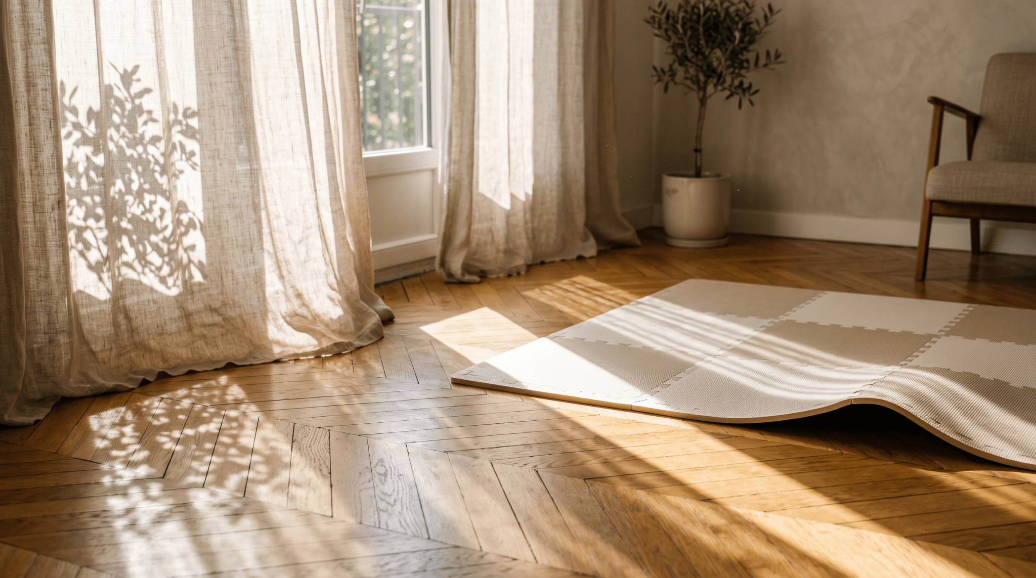 Sens de l'équilibre bébé : tapis d'éveil au sol dans une lumière à contre-jour — Treelys®