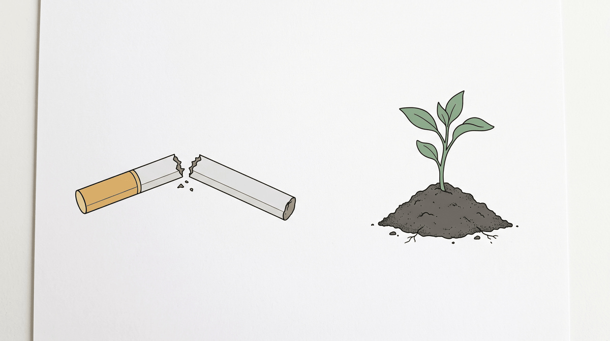 Illustration ligne claire d'une cigarette cassée et d'une jeune pousse, tabac et grossesse – Treelys®