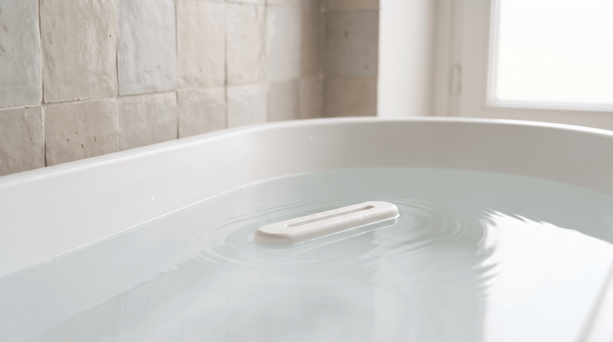 Thermomètre de bain flottant dans une baignoire bébé remplie d'eau claire, univers Treelys®