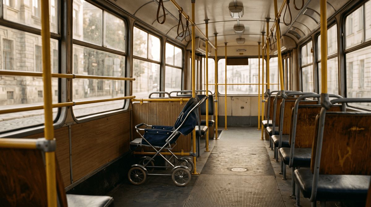Poussette vide garée dans l'espace réservé d'un tram, pour prendre les transports en commun avec un bébé – Treelys®