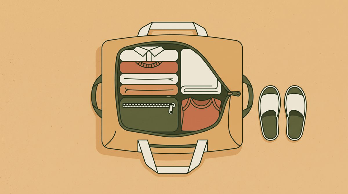 Sac ouvert et affaires pliées, illustration — valise de maternité, Treelys®