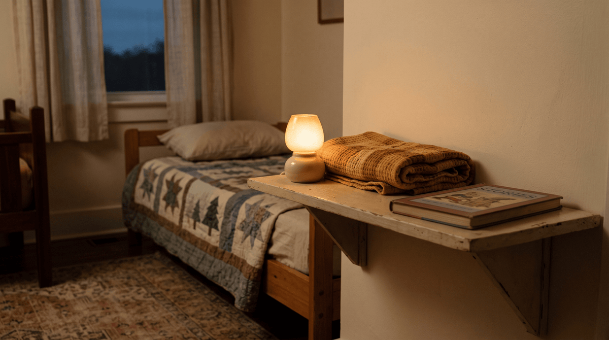 Veilleuse allumée sur une étagère en bois — veilleuse bébé, guide Treelys®