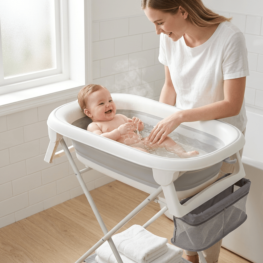 Baignoire Bébé Pliable sur Pied avec Support, Thermomètre et Tuyau d'évacuation - Treelys®
