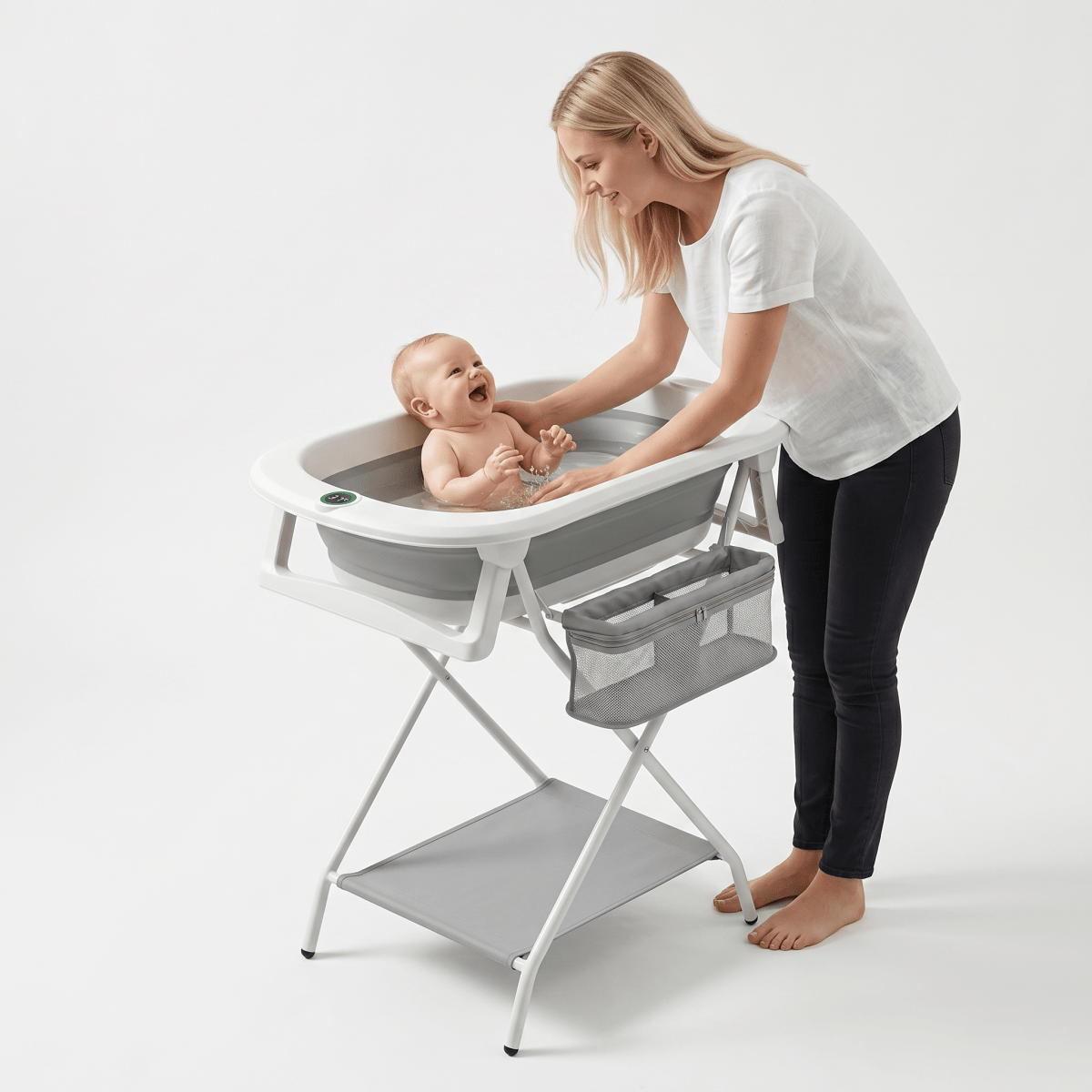 Baignoire Bébé Pliable sur Pied avec Support, Thermomètre et Tuyau d'évacuation - Treelys®