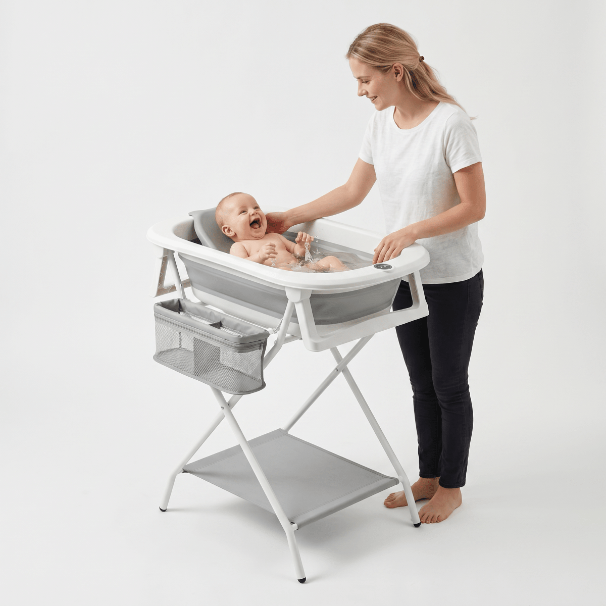 Baignoire Bébé Pliable sur Pied avec Support, Thermomètre et Tuyau d'évacuation - Treelys®