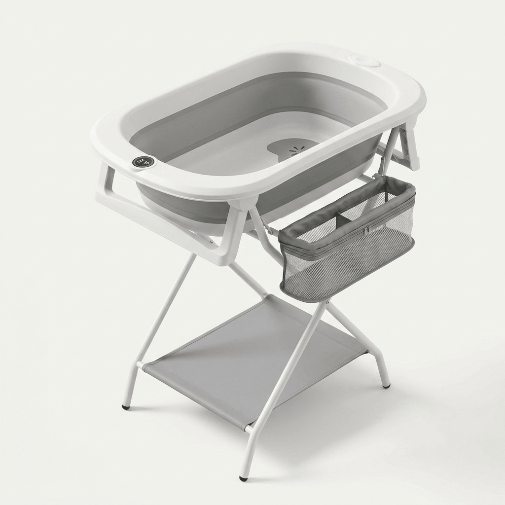 Baignoire Bébé Pliable sur Pied avec Support, Thermomètre et Tuyau d'évacuation - Treelys®