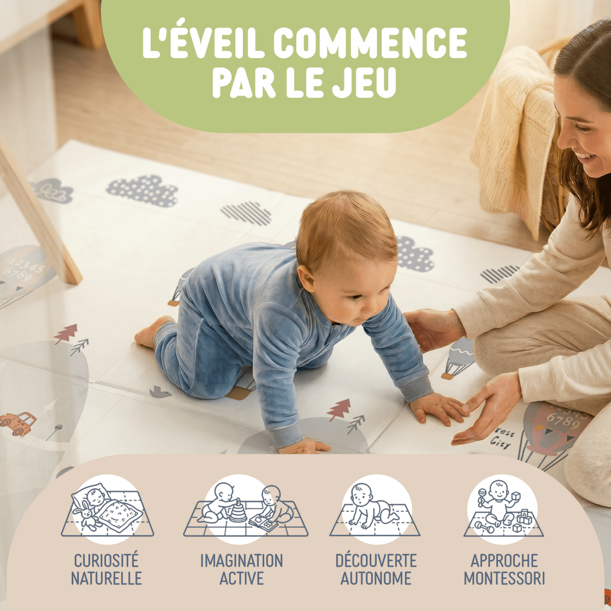 Tapis d'Éveil Bébé Pliable Réversible XPE 15mm Certifié EN71 BPA - Free - Treelys®