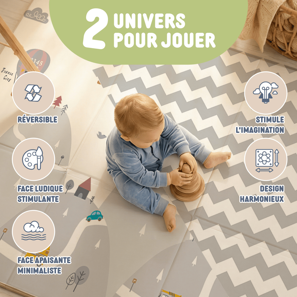 Tapis d'Éveil Bébé Pliable Réversible XPE 15mm Certifié EN71 BPA - Free - Treelys®