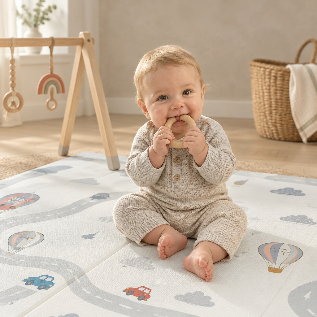 Bébé assis sur le tapis d'éveil Treelys Hot Air Balloon, mordillant un anneau de dentition en bois
