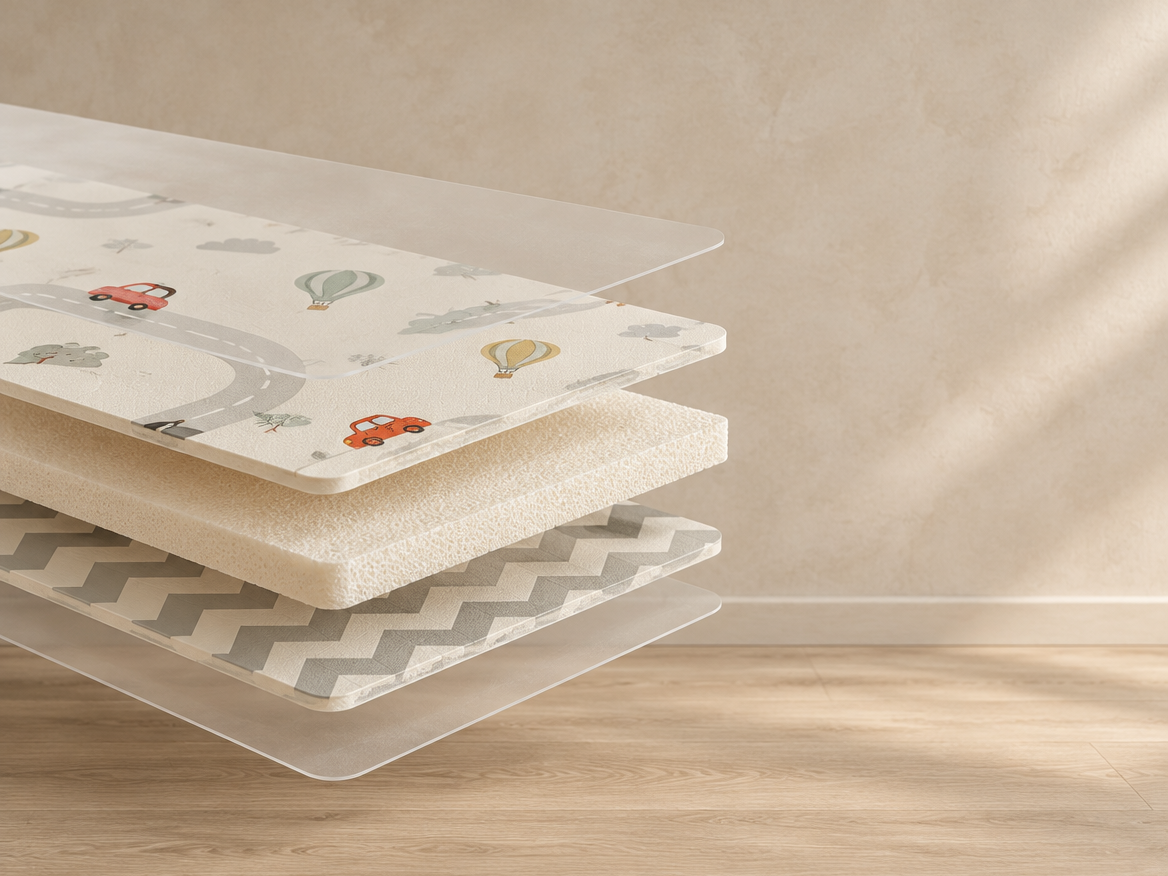 Vue éclatée des couches du tapis d'éveil Treelys : films protecteurs, faces imprimées et cœur en mousse XPE 15 mm