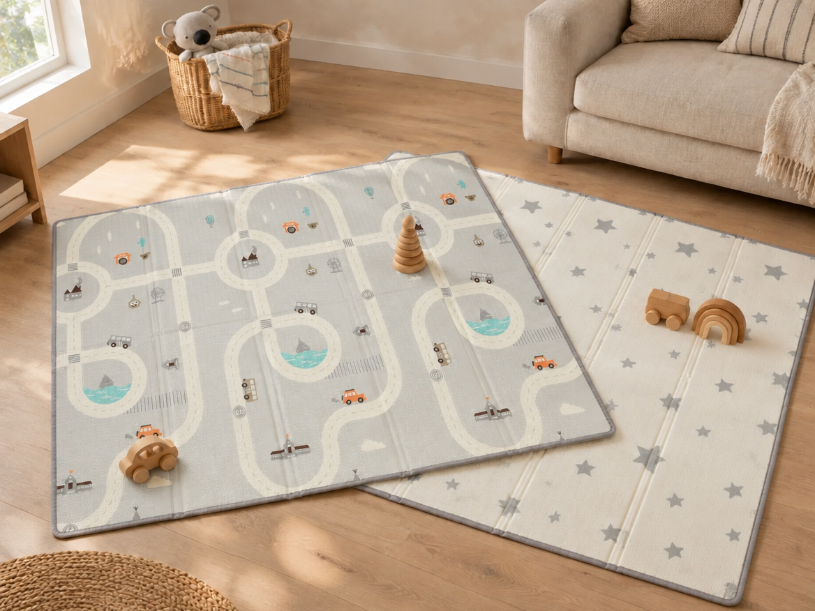Tapis d'éveil Treelys Urban Railway : face routes et face étoiles dans un salon