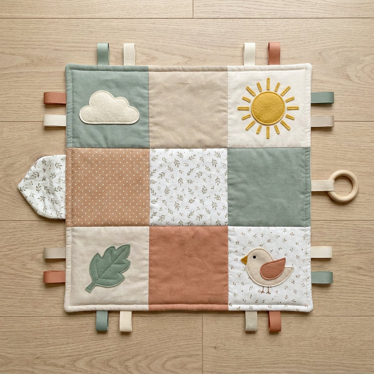 Tapis sensoriel patchwork avec textures, étiquettes et anneau de dentition